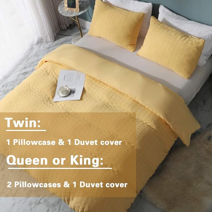 AveLom Seersucker Duvet Cover Set Queen Size (90 x 90 inches), 3 Pieces (1 Duvet Cover + 2 Pillow Cases), Yellow Ultra Soft Washed Microfiber, Textured Duvet Cover with Zipper Closure, Corner Ties