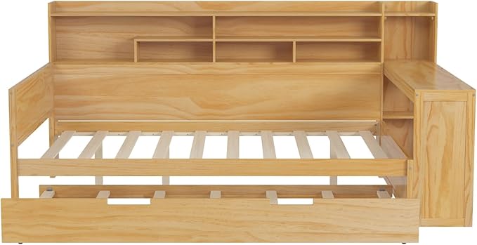 Merax Full Size Corner Bed Frames with Desk and Trundle & Storage Shelves Headboard, Pinewood U-Shaped Captain Daybed for Small Room, Bedroom, Guest Room, Kids' Room, Natural