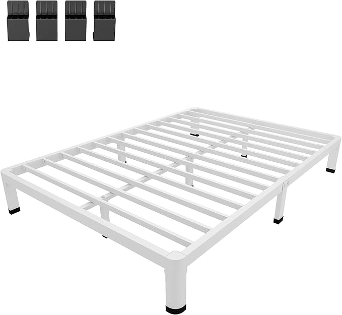 MAF 10 Inch Full Size Bed Frame White with Round Corner Legs Mattress Slide Stopper No Box Spring Needed Heavy Duty Metal Platform Bed Frames Under-Bed Storage Space, 3000 LBS Steel Slats Support