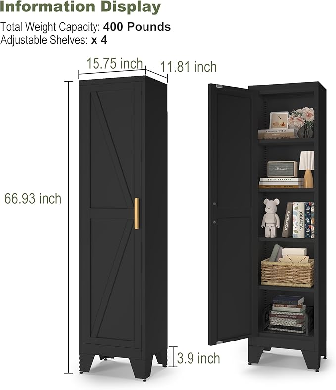 COFaR Tall Bathroom Cabinet, Metal Farmhouse Narrow Slim Storage Cabinet with Adjustable Shelves Barn Door for Bathrooms, Kitchens, Entrances Living Room (Black)