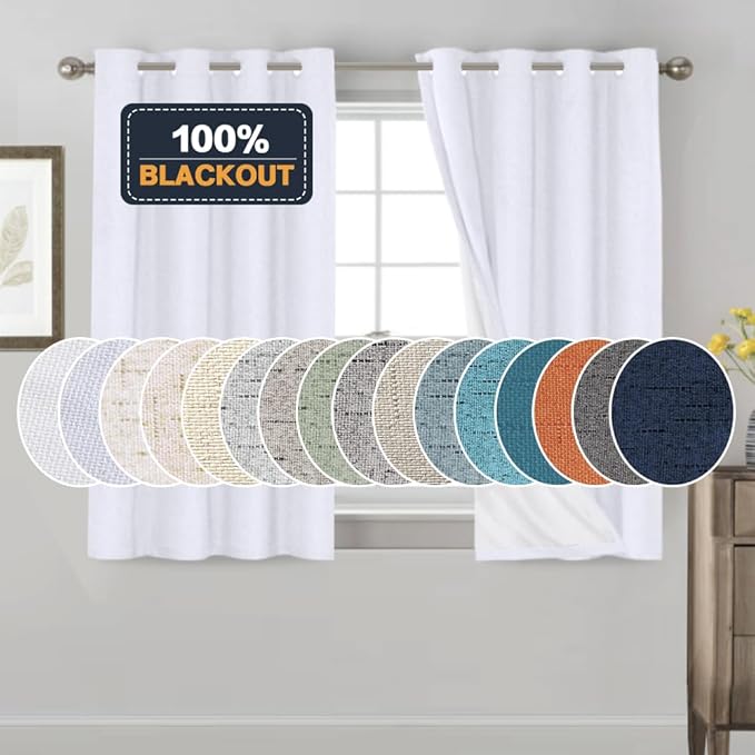 PrinceDeco White 100% Blackout Curtains 54" Long Blackout Curtains for Bedroom Linen Texture Solid Thermal Insulated with White Liner Luxury Decor for Nursery 52x54 Inch (2 Panels)