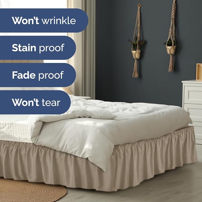 Wrap Around Dust Ruffle Bed Skirt - Cream - for King Size Beds w/ 16 Inch Drop - Easy Fit Elastic Strap - Adjustable Pleated Bedskirt w/Brushed Fabric, Wrinkle & Fade Free Women, Men, Kids & Teens