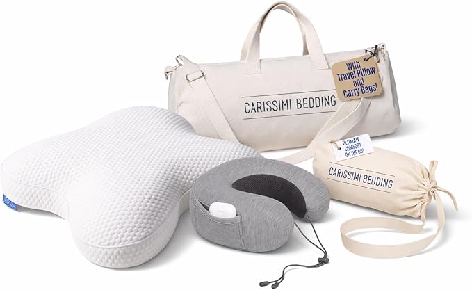 Side Sleeper Memory Foam Cervical Neck Pillow with Carry Bag and Travel Neck Pillow - Made in Europe - 1 x Dreamers Pillow + 1 x Travel Pillow + 2 x Carry Bag