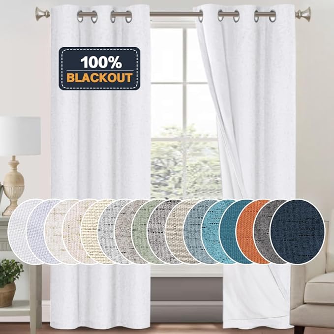 PrinceDeco Black Out Curtains 84 Inch Long 2 Panels Burg 100% Linen Blackout Curtains for Bedroom Living Room Anti-Rust Grommet Linen Blackout Drapes with White Liner,42 X 84, Pearl White