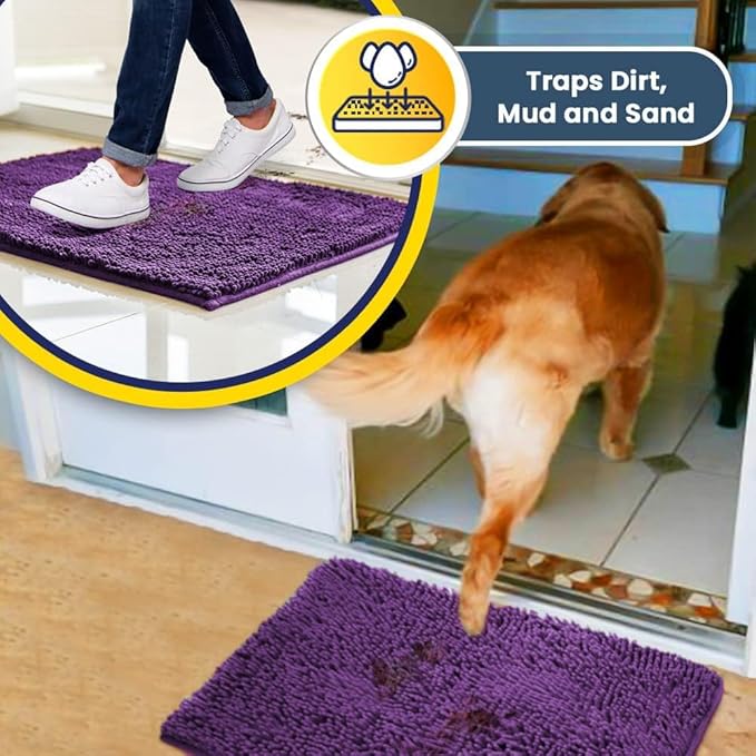 Muddy Mat® | Super Absorbent Door Mat Indoor, Microfiber Quick Dry Chenille Entryway Rug, Non-Slip Front Door Mat, Indoor Mats for Entryway, Machine Washable Pet Rug, Purple 18"x28"