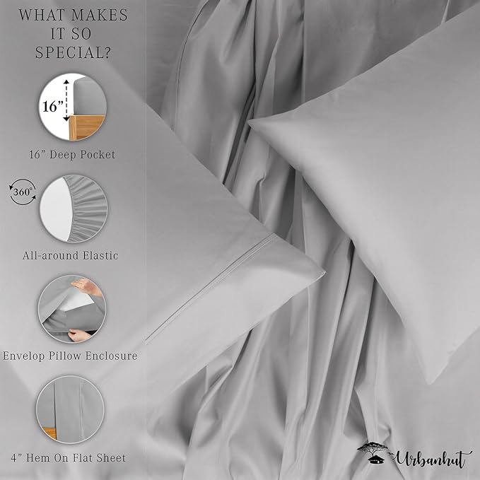 URBANHUT 800 Thread Count 100% Cotton Full Size Sheets, Luxury 4 Piece Full Bedsheets, Hotel Sheets Sateen Finish - Better Than Egyptian, 16" Elasticized Deep Pocket - Silver Grey