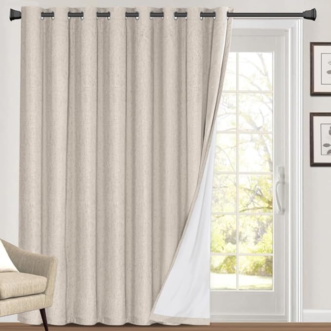 PrinceDeco Blackout Curtains 84 Inches Long Faux Linen Look Curtains for Sliding Glass Doors Room Divider Curtain for Living Room Thermal Insulated Linen with White Backing,W100 X L84 Inch, Natural