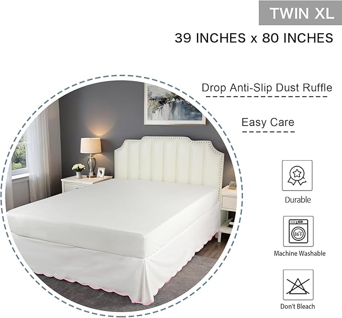 HIG Off-White Chic Twin XL Bed Skirt - Easy Fit Scallop Edge Pleated Bedskirts, 14 Inch Drop Anti-Slip Dust Ruffle, Thick Fabric for Enhanced Privacy, Pre-Washed for Long-Lasting Use(N60022)
