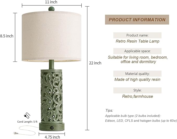 OYEARS 22'' Table Lamp Set of 2 for Living Room, Farmhouse Lamp for Bedroom, Vintage Bedside Lamps with Retro Design and USB Ports, Linen Shade for Home Office (Bulb Included, Green)