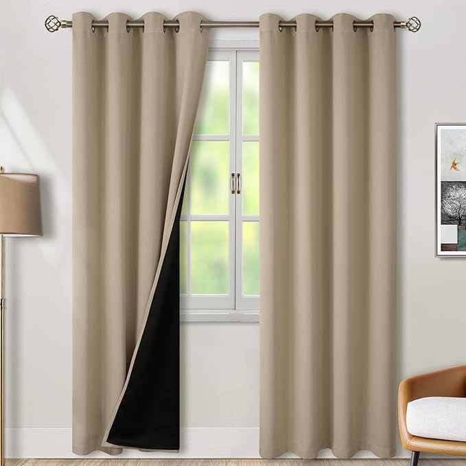BGment Thermal Insulated 100% Blackout Curtains for Bedroom with Black Liner, Double Layer Full Room Darkening Noise Reducing Grommet Curtain (52 x 84 Inch, Sand, 2 Panels)