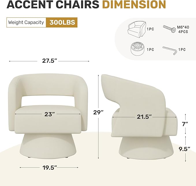 Swivel Accent Chair, Modern Comfy Chenille Barrel Chairs, Oversized Upholstered Round Arm Chair for Living Room, Bedroom, Reading Room, Beige, 1 PCS