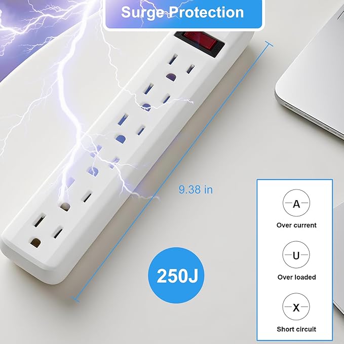 6-Outlet Surge Protector – 250 Joules, 2ft Cord, 15A/125V, 1875W Max – Right Angle Plug, Black – Home, Office, & Electronics Protection