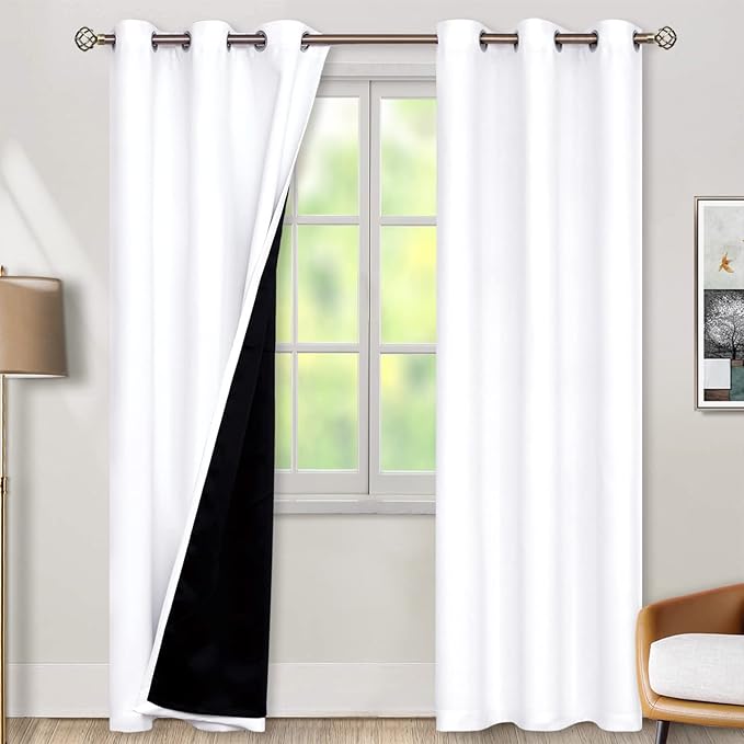 BGment Thermal Insulated 100% Blackout Curtains for Bedroom with Black Liner, Double Layer Full Room Darkening Noise Reducing Grommet Curtain (38 x 84 Inch, Pure White, 2 Panels)