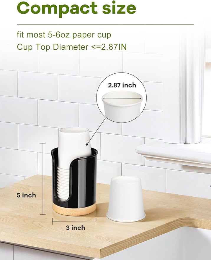 Bathroom Cup Dispenser Countertop - Cup Holder for Dixie 5 6 oz Cups, Guest Bathroom Essentials Vanity Organizer - PC/Bamboo, Black, Pack of 1