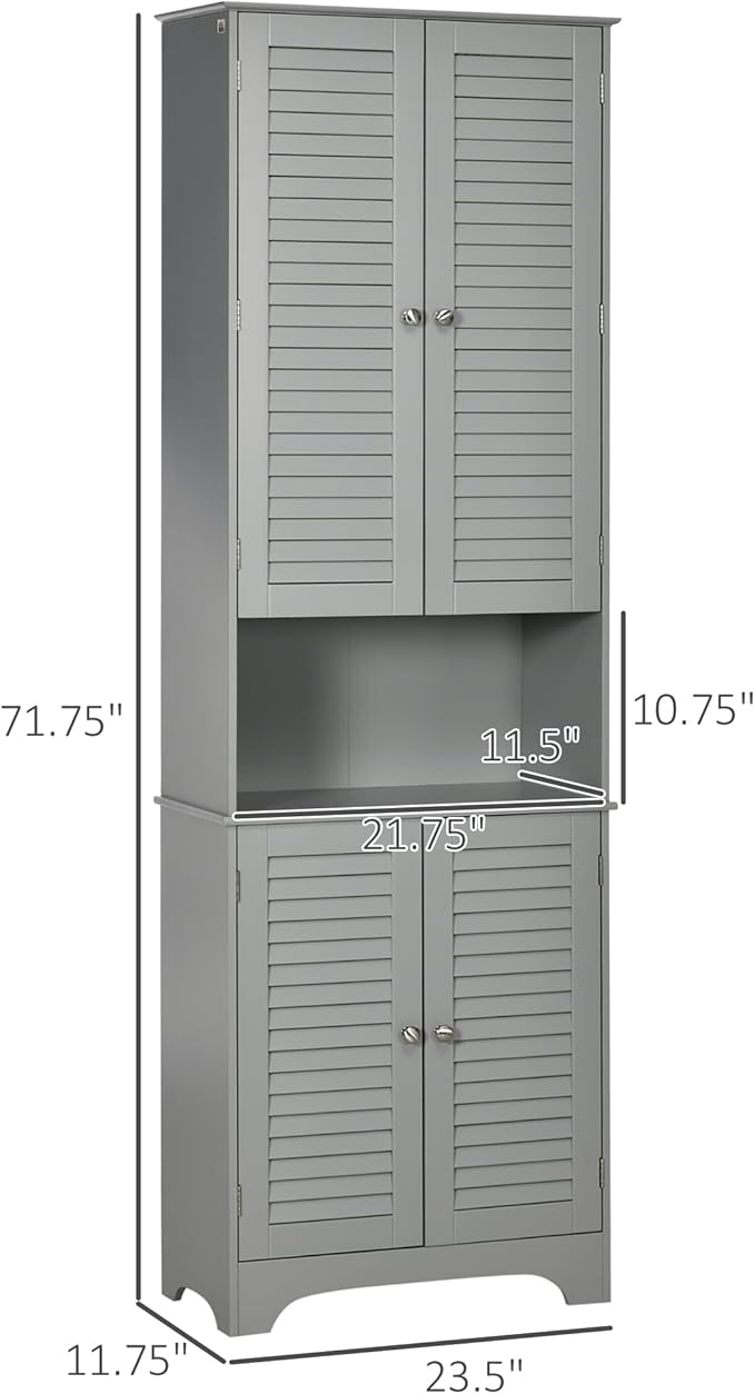HOMCOM Tall Narrow Bathroom Storage Cabinet with Doors and Shelf Adjustability, Freestanding Linen Cabinet with 2 Cabinets and Countertop, Gray