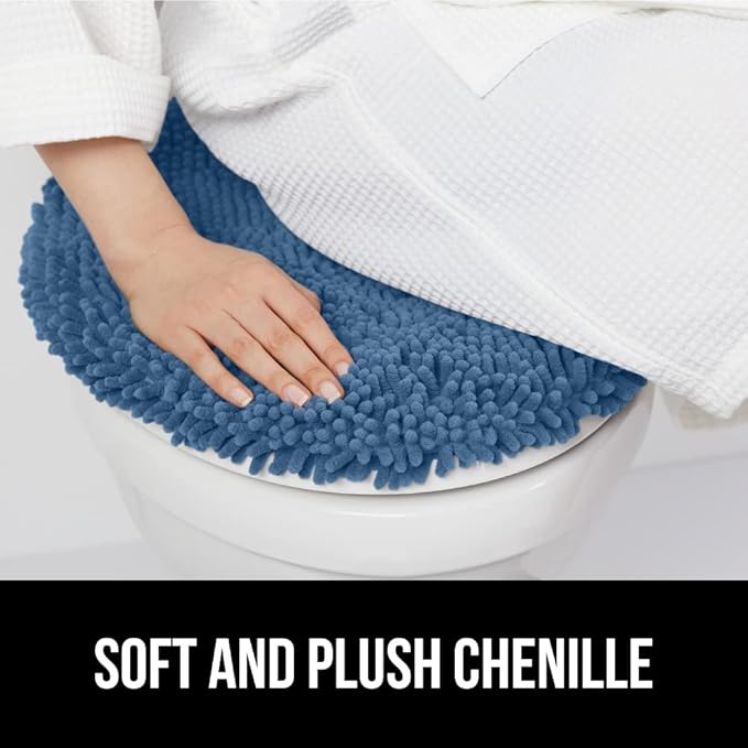GORILLA GRIP Soft Chenille Bathroom Toilet Lid Cover, Machine Washable Seat Covers, 19.5x18.5, Stays in Place Rubber Backing, Fits Most Round, Elongated and Oblong Lids, Accessories Decor, Blue