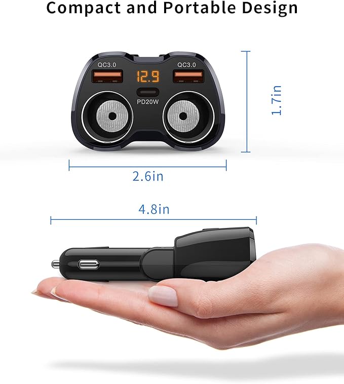 [2025 Upgraded] Cigarette Lighter Splitter, SUPERONE 180W 2-Socket Cigarette Lighter Adapter with Dual QC3.0 and 20W PD USB C Car Charger Splitter for GPS/Dash Cam/Laptop/iPad/iPhone 16/15/14/13/12/11