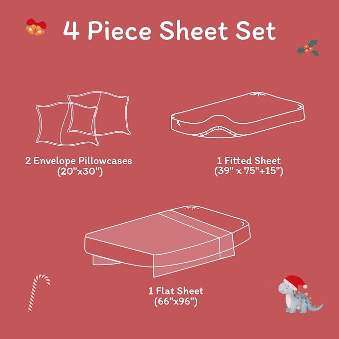 JSD Dinosaur Kids Christmas Sheet Set Full Size, 4 Piece Soft Printed Microfiber Bed Sheets Deep Pocket
