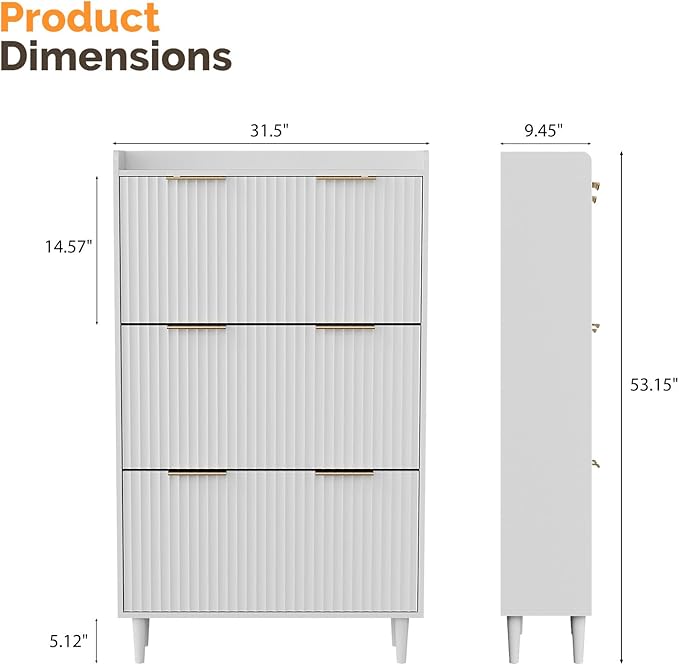 VINGLI White Fluted Shoe Storage Cabinet for Entryway with 3 Flip Drawers, Narrow Shoe Organizer with Fluted Panel, Modern Freestanding Wood Shoe Cabinet for Foyer, Hallway (White, 3 Flip Drawers)
