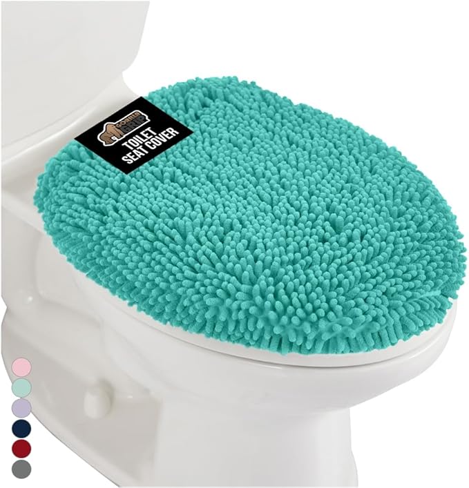 GORILLA GRIP Soft Chenille Bathroom Toilet Lid Cover, Machine Washable Seat Covers, 19.5x18.5, Stays in Place Rubber Backing, Fits Most Round, Elongated and Oblong Lids, Accessories Decor, Turquoise