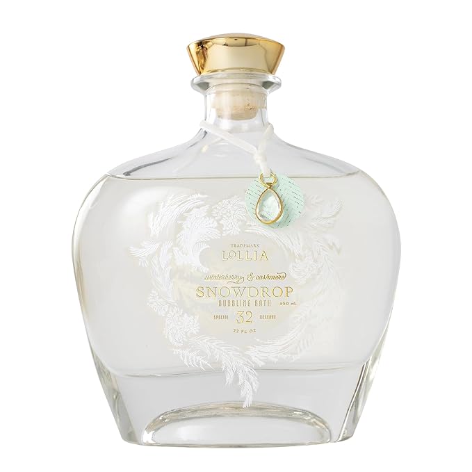 Lollia Snowdrop Bubble Bath, 22 fl oz, 650 ml, Winterberry & Cashmere Fragrance, Luxury Hydrating Women's Bubbling Bath Soap, Delicate & Relaxing Scented Skin Care