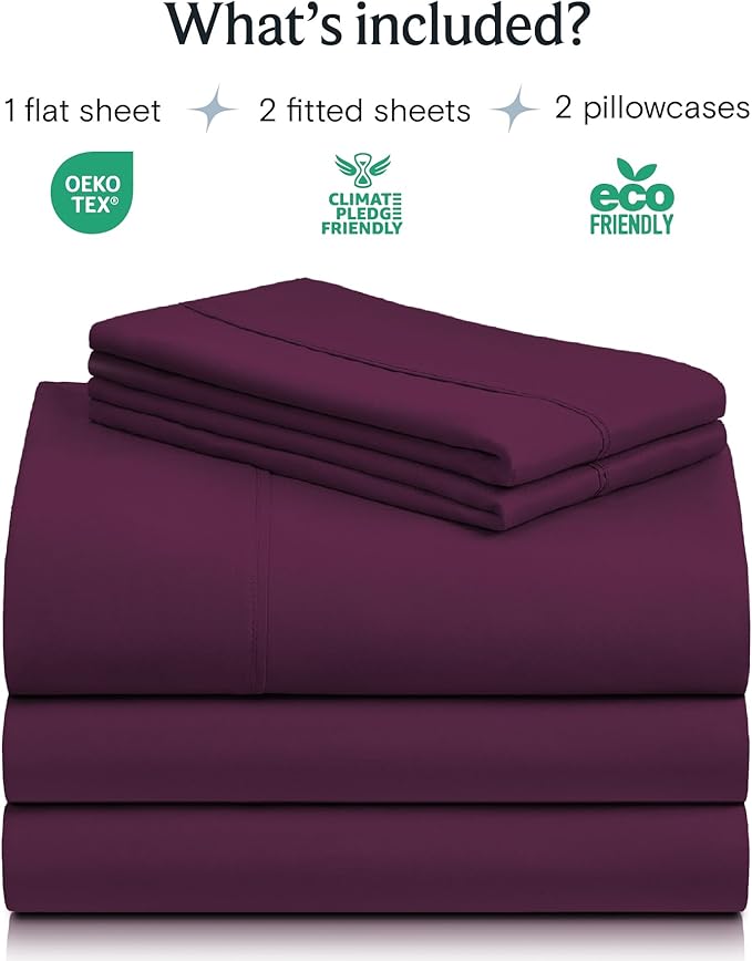 LuxClub 5 PC Split King Sheet Set, Deep Pockets Wrinkle Free Cooling Bed Sheets Hotel Bedding for Women, Men, Includes 2 Fitted Sheet, 1 Flat Sheet and 2 PillowcasesSoft Eggplant