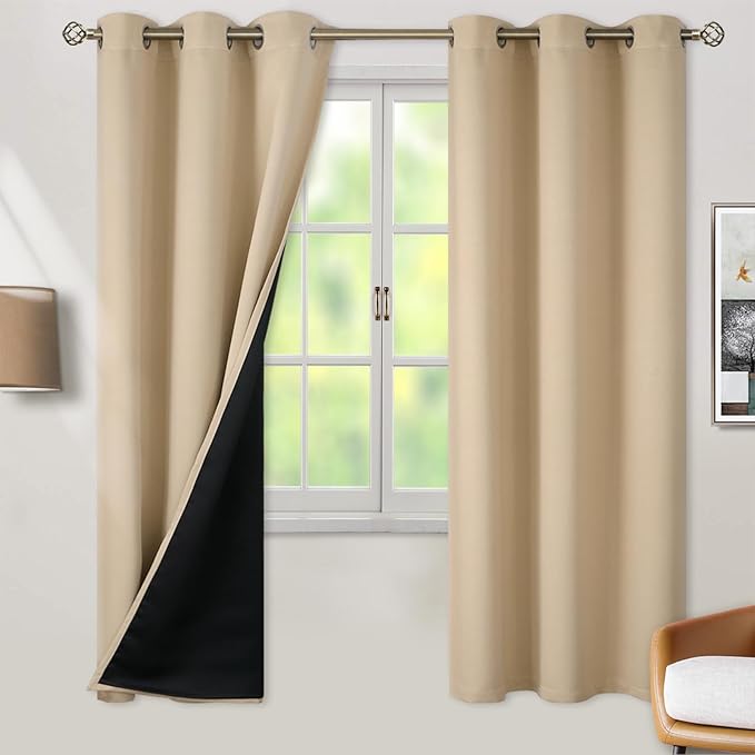BGment Thermal Insulated 100% Blackout Curtains for Bedroom with Black Liner, Double Layer Full Room Darkening Noise Reducing Grommet Curtain (42 x 72 Inch, Beige, 2 Panels)