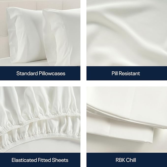 Reebok Queen Sheet Set from Tencel Eucalyptus - Soft, Cooling & Breathable for Hot Sleepers, Deep Pocket Up to 17 Inches, 4Pc Hotel Luxury Bedding Set, Bedsheet & Pillowcases (White, Queen)