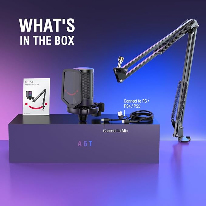 FIFINE Gaming PC USB Microphone, Podcast Condenser Mic with Boom Arm, Pop Filter, Mute Button for Streaming, Twitch, Online Chat, RGB Computer Mic for PS4/5 PC Gamer Youtuber-AmpliGame A6T