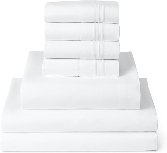 Mellanni Split King Sheet Set - 7-Piece Iconic Collection Bedding, (Including 4 Pillowcases), 16-Inch Deep Pocket, Easy Care, Extra Soft, Cooling Sheets, Brushed Microfiber - White