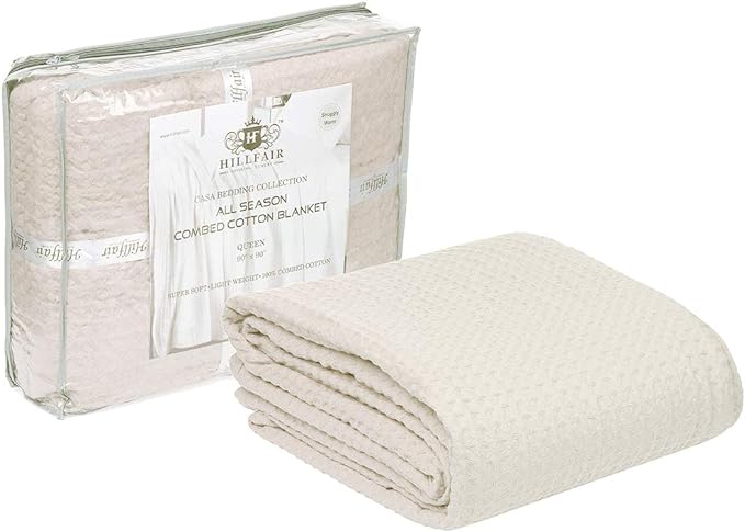 HILLFAIR 100% Combed Cotton Blanket– Queen Size Bed Blanket– Warm Soft All Season Breathable Lightweight Summer Blankets– Waffle Weave Home Decor Bed Blanket- Ivory Queen Bed Cotton Blankets/Bedcover