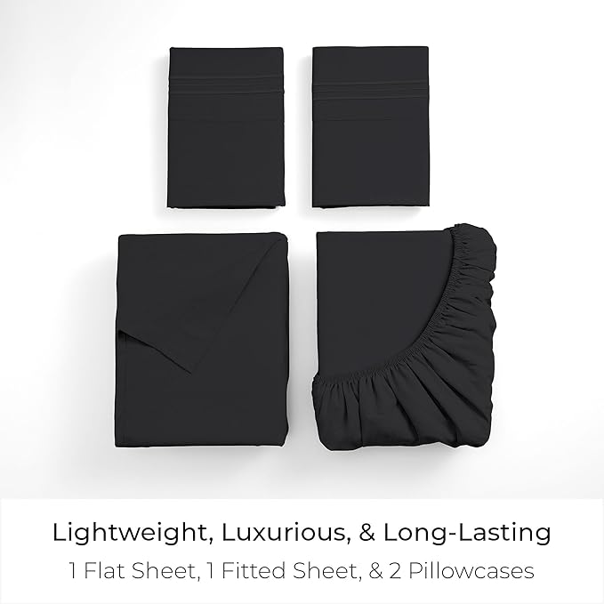 Mellanni Twin Sheet Set - 4-Piece Iconic Collection Bedding, (Including 2 Pillowcases), 16-Inch Deep Pocket, Easy Care, Extra Soft, Cooling Sheets, Brushed Microfiber - Black
