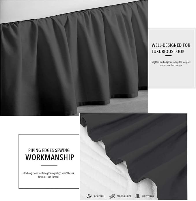 Dark Grey Solid Ruffled Bed Skirt Twin-15 Inch Drop Split Corner, Microfiber Bedskirt with Platform Three Sided Coverage