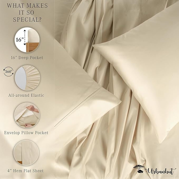 URBANHUT 800 Thread Count 100% Cotton Full Size Sheets, Luxury 4 Piece Full Bedsheets, Hotel Sheets Sateen Finish - Better Than Egyptian, 16" Elasticized Deep Pocket - Ivory