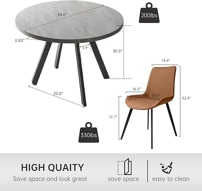 Round Dining Table Set, Mid Century Modern Small Round Dining Table Set, Saving Space (Table + 4 Brown Chairs)