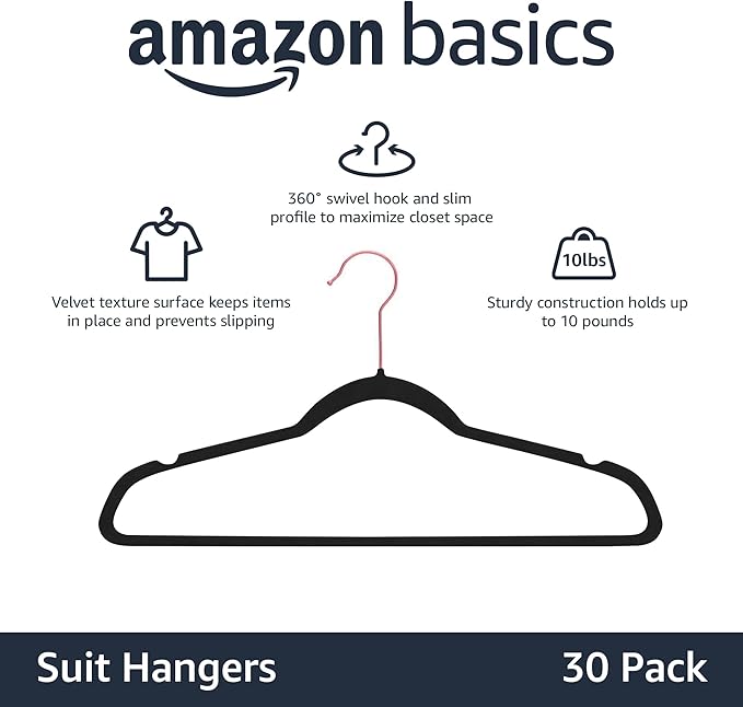 Amazon Basics Slim, Velvet, Non-Slip Sturdy Suit Clothes Hangers, Pack of 30, Black/Rose Gold