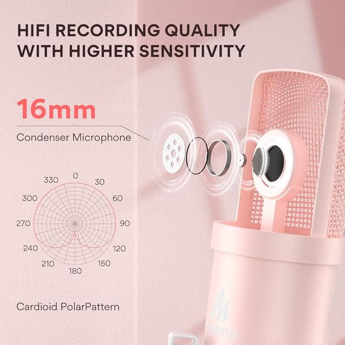 MAONO USB Microphone, 192kHz/24bit Plug & Play PC Computer Podcast Condenser Cardioid Metal Mic Kit with Professional Sound Chipset for Recording, Gaming, Singing, YouTube, AU-A04 Pink