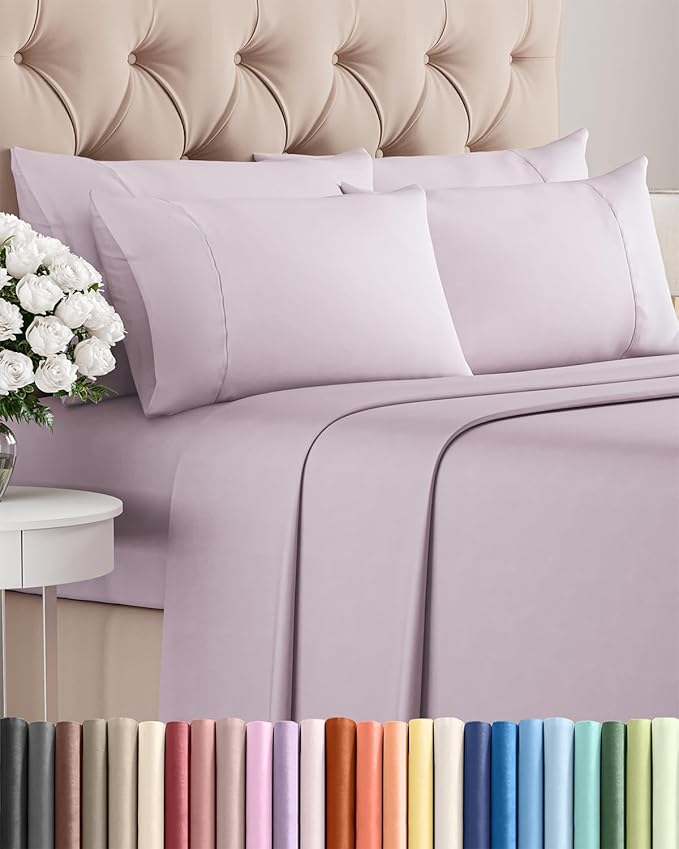 Queen 6 Piece Sheet Set - Cooling & Breathable - Hotel Luxury Bedding, Includes Fitted Sheet for Women, Men, Kids & Teens - 1 Flat, 1 Fitted Sheet, 4 Pillowcases w/Deep Pockets - Light Lavender