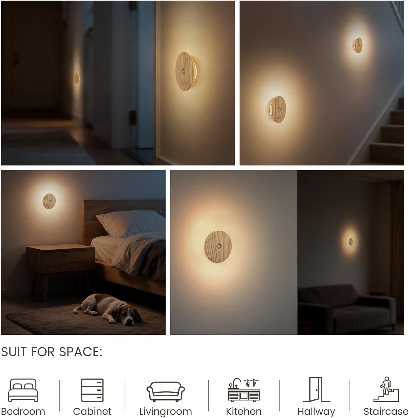 Motion Sensor Night Light Wood Rechargeable Battery-Powered Stick-On Step Lights Loftie Lights Magnetic Closet Warm Nightlight for Hallway Bedroom Stair (2 Pack Ash Wood)