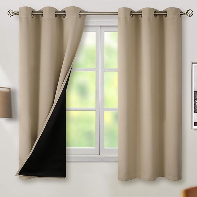 BGment Thermal Insulated 100% Blackout Curtains for Bedroom with Black Liner, Double Layer Full Room Darkening Noise Reducing Grommet Curtain (42 x 63 Inch, Sand, 2 Panels)