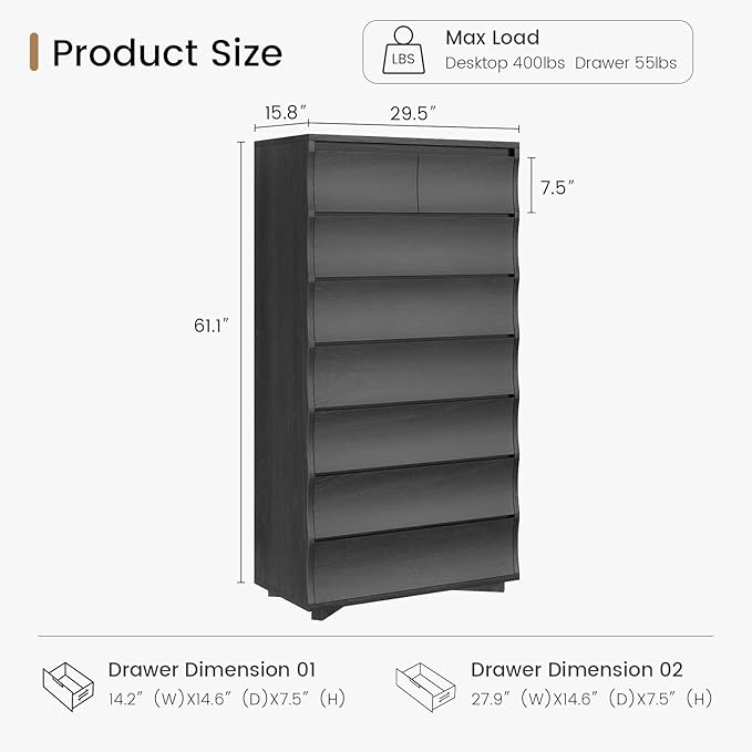 Black Tall Dresser for Bedroom, 61.1" Tall Dresser with 8 Drawers, Wood Dressers & Chests of Drawers, Accent Upright Drawer Organizers for Closet, Hallway