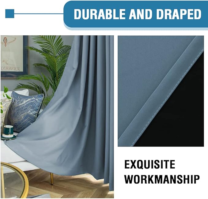 H.VERSAILTEX 100% Blackout Curtains for Bedroom Thermal Insulated Curtains & Drapes Blackout Curtains 84 Inches Long Rod Pocket Curtains for Living Room with Black Liner 2 Panels Set, Stone Blue