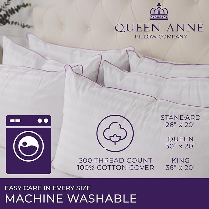 Queen Anne Hotel Collection Pillows – Luxury Down Alternative Bed Pillows (2-Pack, Queen Medium) – Ultimate Comfort, Hypoallergenic, Made in The USA