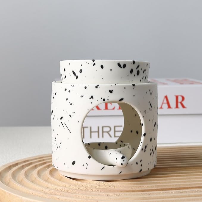 Ceramic Fragrance lamp with Tea Light Holder | Aroma lamp | Scented Oil and Scented Wax Diffuser | H*11cm ø10cm Removable Bowl | Grooved Surface (Inkblot)
