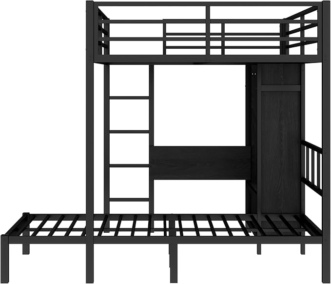 Full XL Over Twin Metal Bunk Bed with Folding Desk, Closet with LED, Space-Saving/Noise Reduced, Black Classic Platform Bed Frame, Easy Assembly YJXW1580S00113