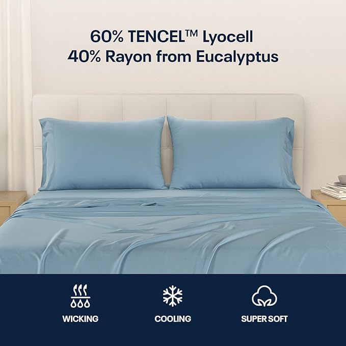 Reebok Twin Size Sheet Set from Tencel Eucalyptus - Soft, Cooling & Breathable for Hot Sleepers, Deep Pocket Up to 17 Inches, 4Pc Hotel Luxury Bedding Set, Bedsheet & Pillowcases (Niagara Mist, Twin)