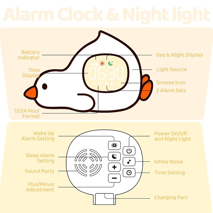 Laying Duck Alarm Clock with Night Light for Kids with Sleep Training and Sound Machine, Rechargeable Silicone Lamp OK to Wake Clock，Cute Animal Tabletop Lamp, Perfect Sleep Companion for Boys Girls