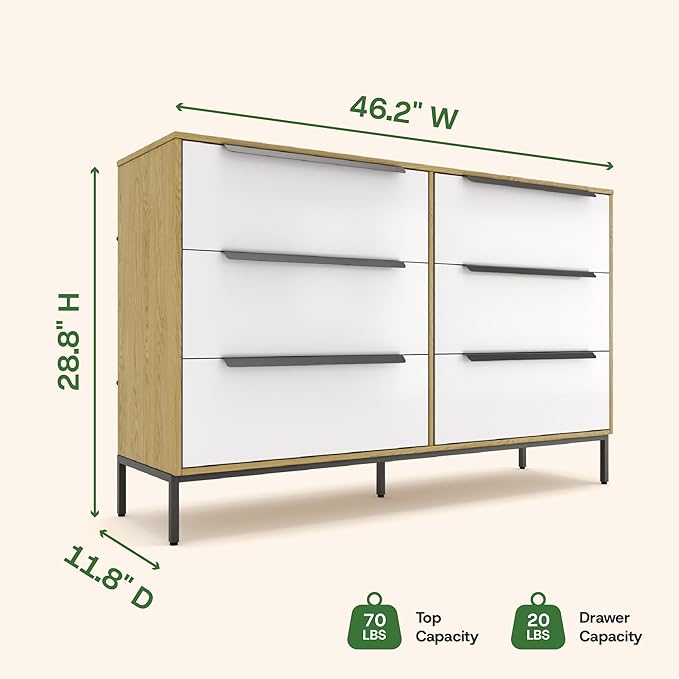 tinge Lira Premium Fabric Dresser - Solid Wooden Frame, 6 Spacious Sag-Proof Drawers with Sleek Metal Handles - Premium & Durable Storage Solution for Your Home (Light Brown)