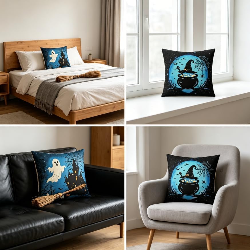 Halloween Throw Pillow Covers, Ghost and Witch Cauldron Design, 18x18 Inch - Image 6