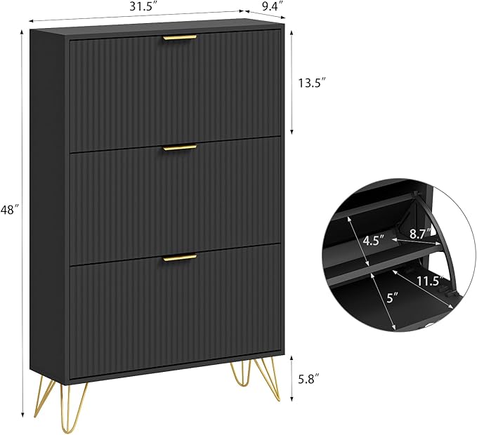 Shoe Cabinet with 3 Flip Drawers Narrow, Fluted Black Shoe Cabinet Storage for Entryway Slim, Hidden Shoe Storage Cabinet, Modern Freestanding Shoe Rack Organizer for Entryway, Black